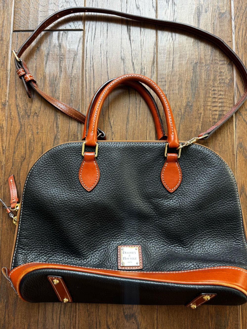 Dooney & Bourke Black Pebbled Leather Satchel with Brown Trim